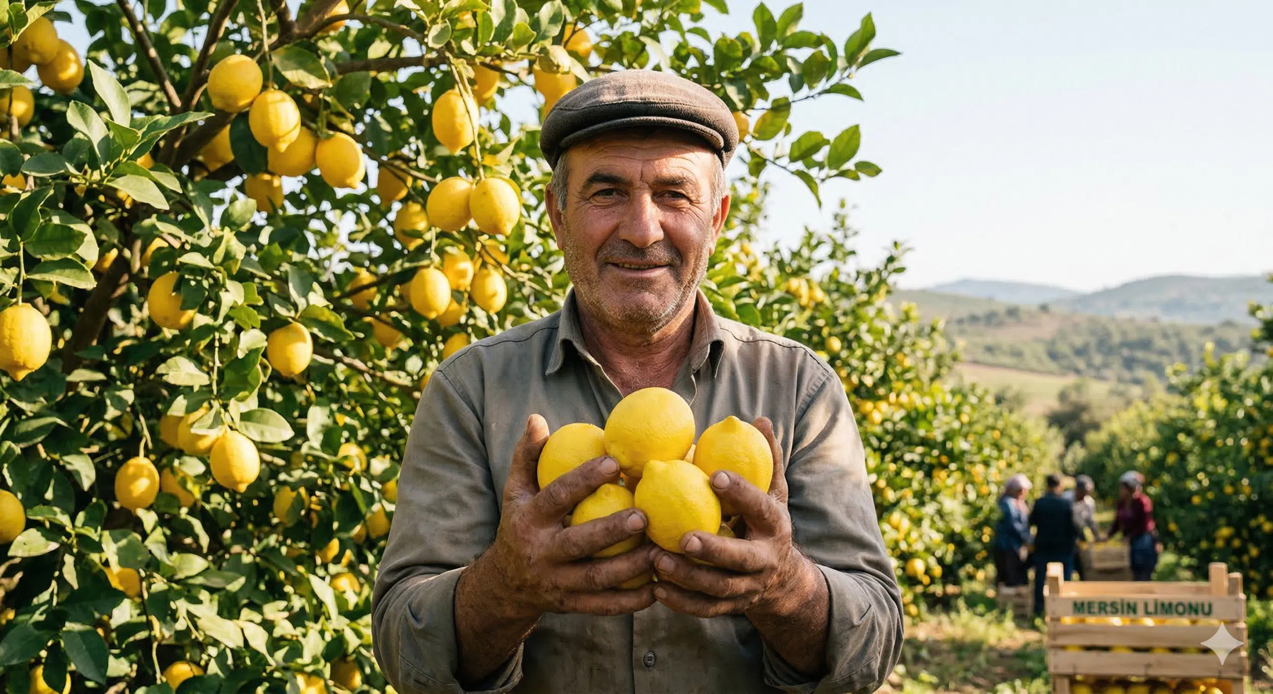 Mersin'de limon bahçesinde, ellerinde taze hasat edilmiş limonları tutan gülümseyen yaşlı Türk çiftçisi.